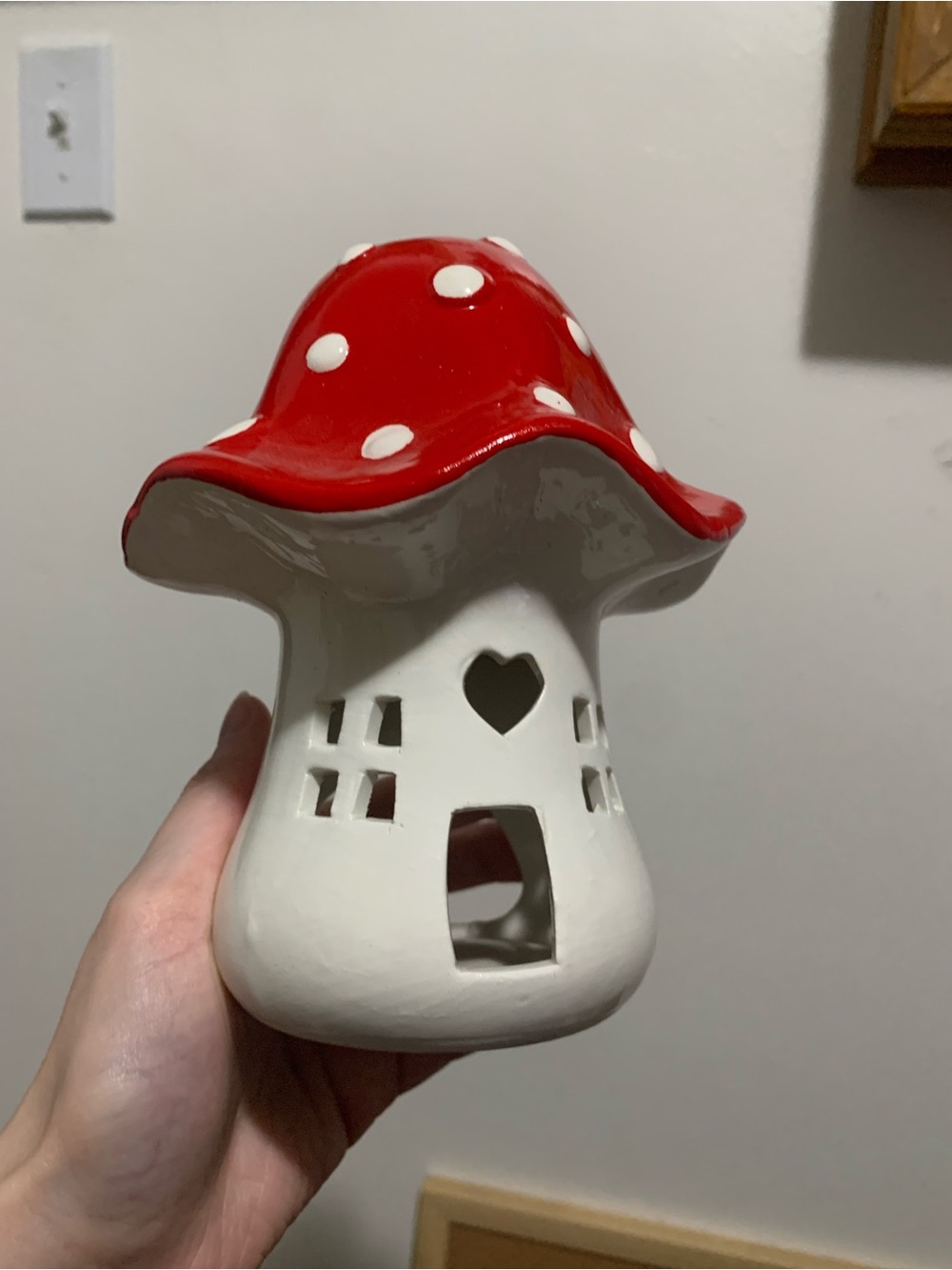 Mushroom House Tealight Candle Holder Ceramic Red & White Polka Dot 6.5"